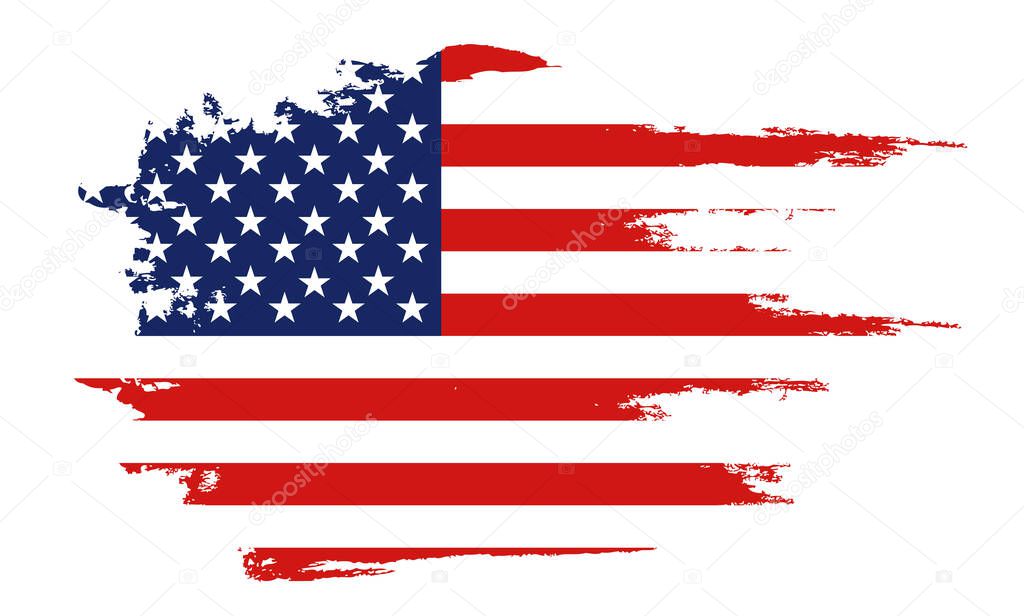 Flag of the United States of America, brush background. USA flag brush vector.  Happy 4th of July USA Independence Day greeting card. Lettering and American flag grunge brush paint background.