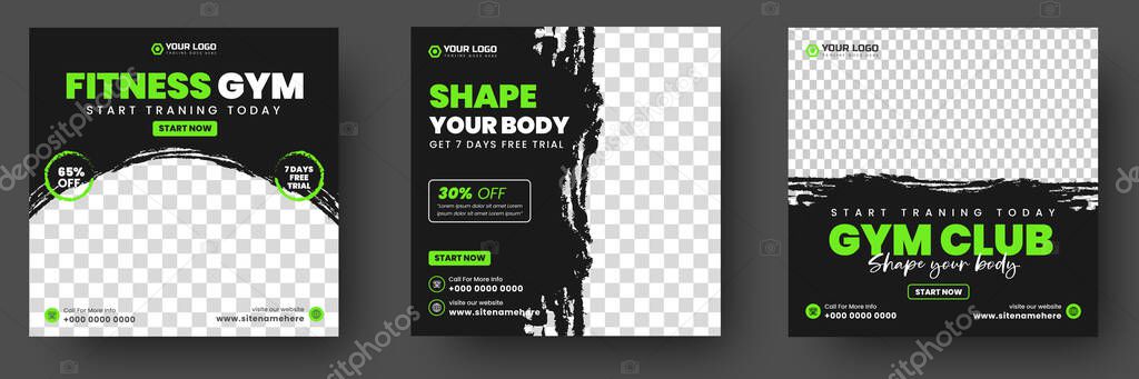 Fitness gym social media post banner template with black and green color, gym, Workout, fitness and Sports social media post banner, fitness gym social media post banner design.