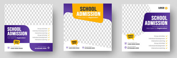 School admission social media post banner design. back to school social media post banner design set. Back to school admission promotion banner. school admission template for social media ad.