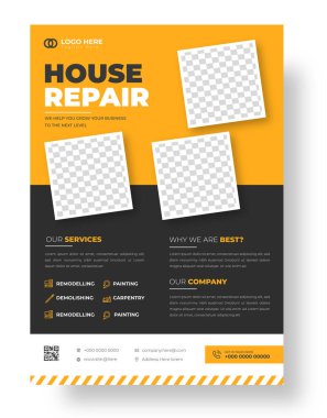 Sarı renkli inşaat uçağı şablonu, şirket inşaat araçları tasarımı, el ilanı şablonu, ev onarım broşürü.