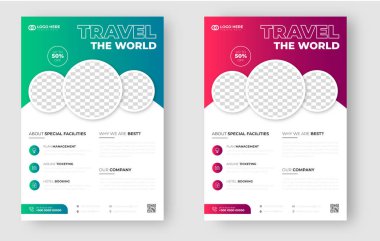 Tour and Travel flyer. tour and travel flyer design Template with green and red color.  Flyer design for Tour and Travel Business concept. travel the world flyer with unique shape.