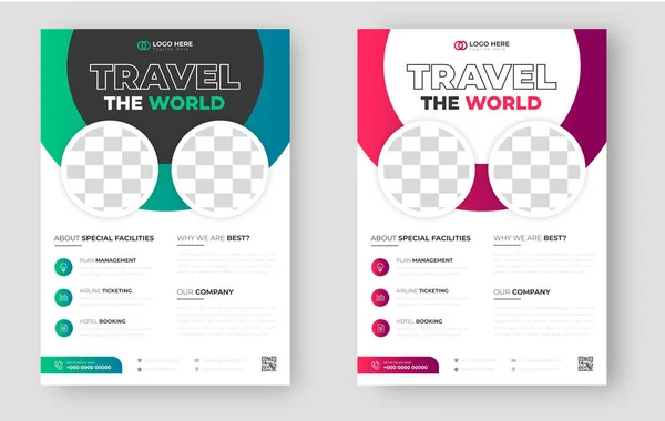 stock vector Tour and Travel flyer. tour and travel flyer design Template with green and red color.  Flyer design for Tour and Travel Business concept. travel the world flyer with unique shape.