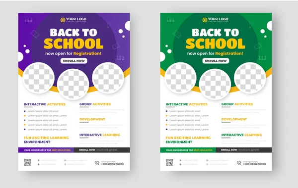 School admission flyer design. back to school flyer design set. Back to school admission promotion flyer. school admission business flyer template with green, purple and yellow color.