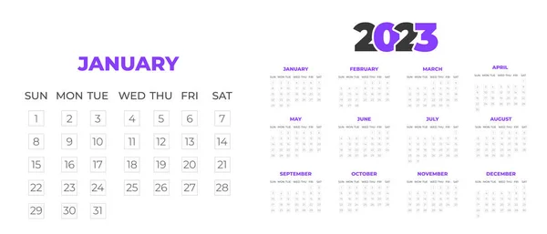 2023 Wall Calendar Design Template Purple Color — Stockvector