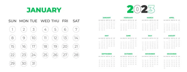 2023 Wall Calendar Design Template Green Color — Stockvector