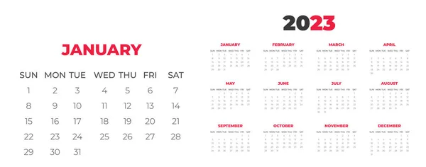 2023 Wall Calendar Design Template Red Color — Stockvector