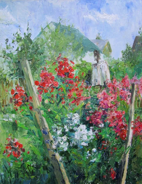 乡间花园的稻草人，油画 — 图库照片