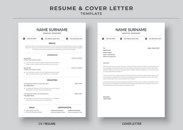 Resume Cover Letter Template Minimalist Resume Template Professional Jobs Resumes — Wektor stockowy