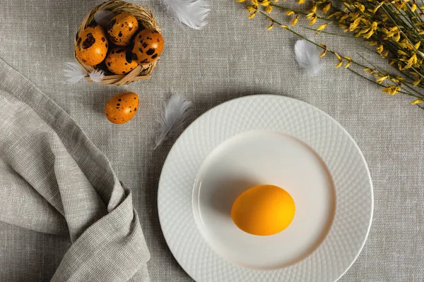 Huevos de codorniz de Pascua sobre fondo gris Fotos de stock