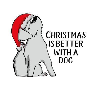 Noel Baba şapkalı, suluboya resimli Noel köpeği. . 