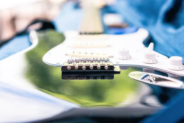 Close up view z seletiove ostrość na struny gitary elektrycznej w polu — Zdjęcie stockowe