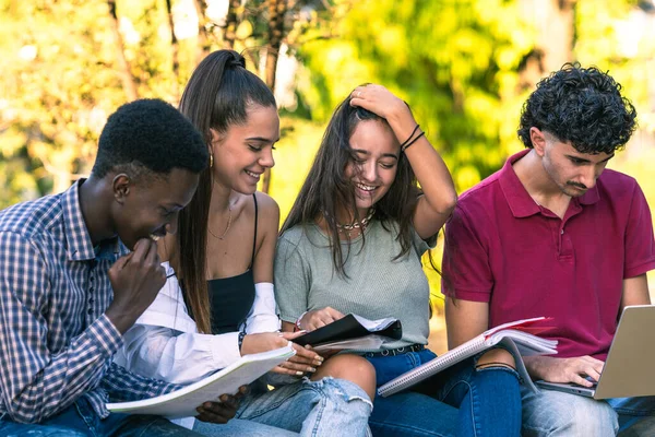 Grupa różnorodnych studentów czyta notatniki i korzysta z laptopa siedzącego na zewnątrz — Zdjęcie stockowe