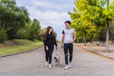 Parkta tasmalı bir Amerikan kabadayı köpeğini gezdiren iki beyaz adam.