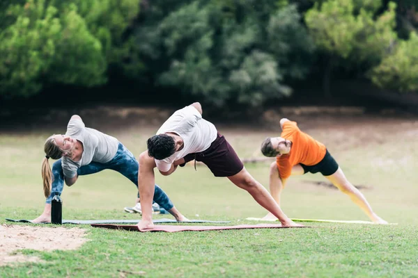 Группа людей, практикующих йогу в парке — стоковое фото