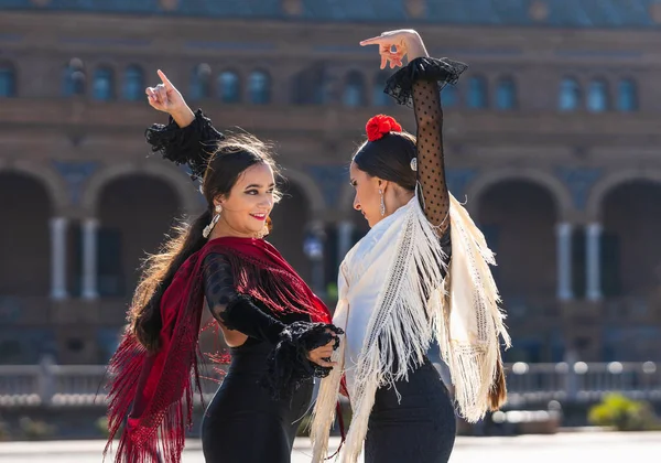 İki flamenko dansçısı dışarıda yüz yüze gösteri yapıyor.