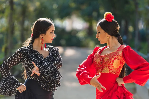 Duas mulheres no vestido de flamenco dançando em um parque — Fotografia de Stock