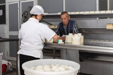 Aileye ait taze peynir fabrikasında çalışan iki yaşlı işçi.