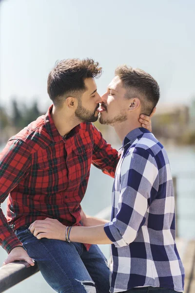 Gay coppia circa per bacio ogni altro su il labbra — Foto Stock