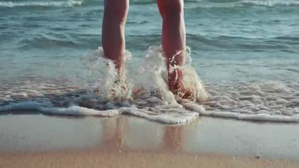 Medium Shot Womans Feet Hit Small Wave Seashore — 图库视频影像