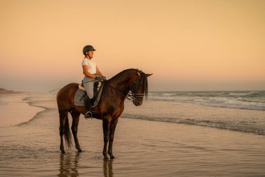 a smiling 21-year-old rider standing on the shore with her horse facing the sea. Rider
