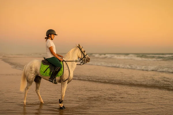 12-year-old girl on the back of her white pony at the seashore. Pony