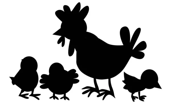 Rooster Hen Chicks Icon Cock Black Silhouette Isolated White Background — Stock Vector