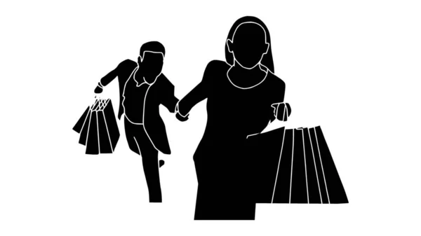 Hombre Mujer Corriendo Para Compras Llevando Bolsas Compras Las Manos — Vector de stock