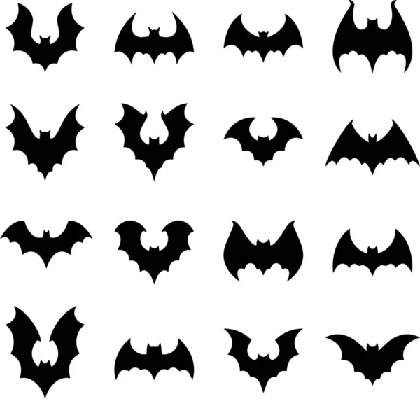 不同姿势的蝙蝠 蝙蝠不同图标和标志的一组轮廓 — 图库矢量图片