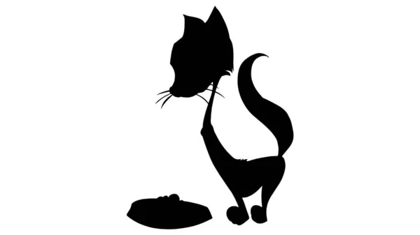 卡通猫在餐盘前的时尚 一只猫的黑色轮廓 — 图库矢量图片