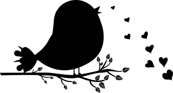 Silhouette Noire Petit Oiseau Sur Une Branche Avec Des Feuilles — Image vectorielle