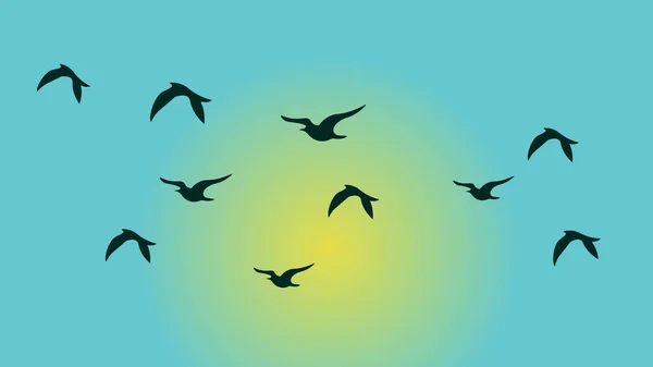 Silhouettes Oiseaux Dans Ciel Bleu Avec Lumière Soleil Ensemble Oiseaux — Image vectorielle