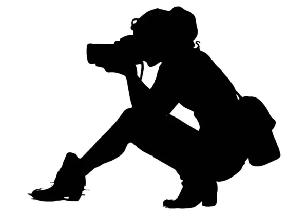 Silhuetas Pretas Uma Senhora Mulher Fotógrafa Menina Tirar Fotos Enquanto —  Vetores de Stock