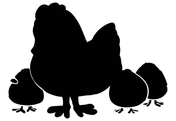 Rooster Hen Chicks Icon Cock Black Silhouette Isolated White Background — Stock vektor