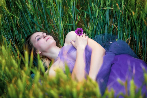 Çıplak kız buğday tarlasında yatıyor.