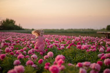 cute little girl running on a peony field against a sunset background