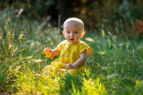 Little Cute Happy Baby Girl Sitting Green Grass Sunny Summer — Foto de Stock