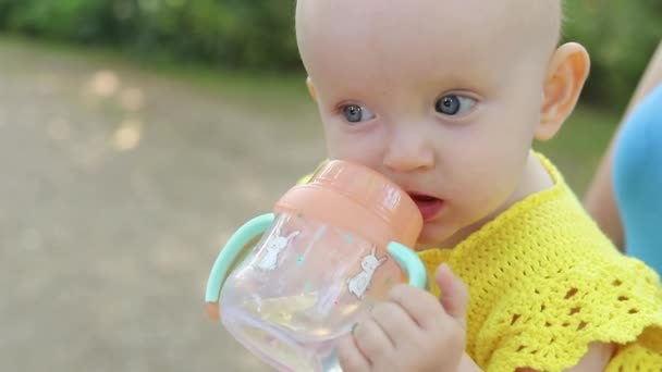 Portrait Cute Drinking Little Toddler Girl Baby Drinks Baby Cup — Video