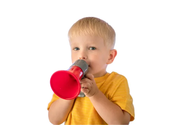 Cute Little Boy Megaphone White Background — Stock Photo, Image