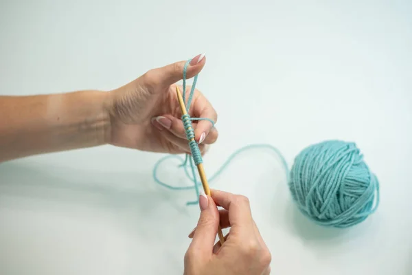 Set Loops Needles Step Step Wool Cotton Knitting — Stock Photo, Image