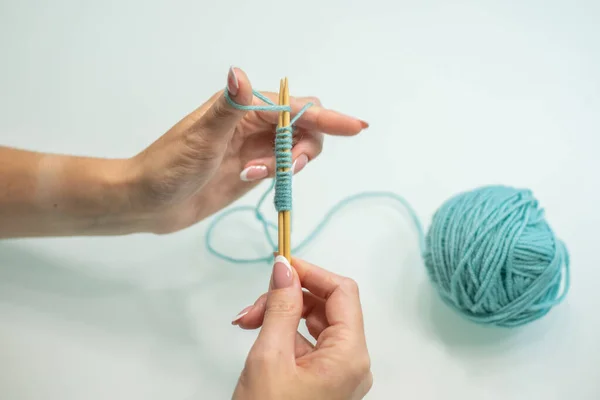 Set Loops Needles Step Step Wool Cotton Knitting — Stock Photo, Image