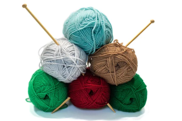 Colored Skeins Woolen Threads Wooden Knitting Needles Accessories Needlework White — Stock Photo, Image