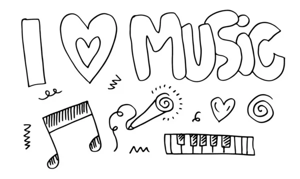 Love Music Music Notes Hart Microfoon Wervelingen Witte Achtergrond — Stockvector