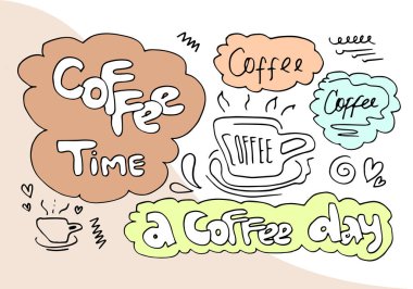 Gıda, kahve çekirdekleri, bardak, süt ve harf içeren kahve saati elementleri..