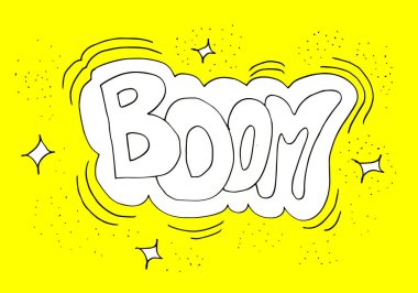 El yazısı bum, konuşma balonu. Pankartlar, konuşma balonları, konsept posterleri ve çıkartmalar pankartlar, posterler ve web için bulutlu konuşma baloncukları. Vektör İllüstrasyonu