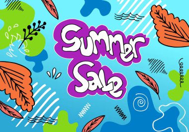 Karalama tarzında yaz indirimi afişi şablonu. Palmiye yaprakları ve çiçekli soyut bir yaz. Mevsimlik tasarımlarınız için tanıtım rozeti.