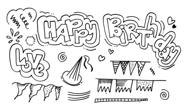 Handgezeichnete Doodle Cartoon Objekte Und Symbole Auf Der Geburtstagsparty — Stockvektor