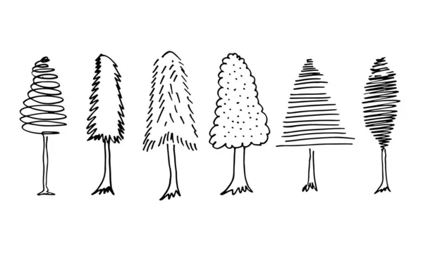 Doodle Park Forêt Conifères Silhouettes Abstraites Délimité Arbres Noir Collection — Image vectorielle