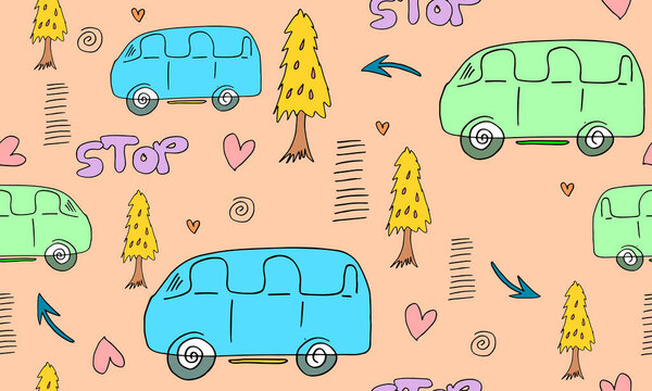 Seamless pattern with cute car and stop writing, zebra crossing, trees and hearts vector illustration. Perfect for children's fabrics, textiles, nursery wallpaper — Stock Illustration Seamless Pattern Cute Car Stop Writing Zebra Crossing Trees Hearts — Stock Vector