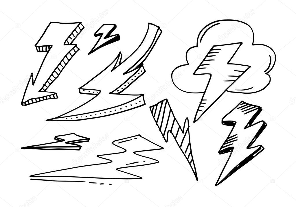 Hand Drawn Doodle Lightning Bolt Signs,Warning Symbol illustration and set of lightnings.