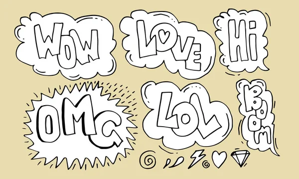 手绘箭头 边设置手写的文字 Pow Love Wow Omg Lol和Boom 矢量图标 — 图库矢量图片